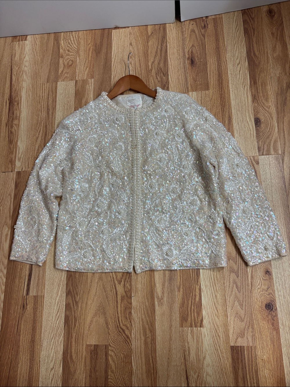 Rare! 50's Cavanagh Floral Hand Beaded & Sequin Cream Wedding Cardigan